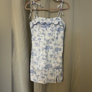 Altar'd State White and Blue Toile Midi Dress with Tie Straps